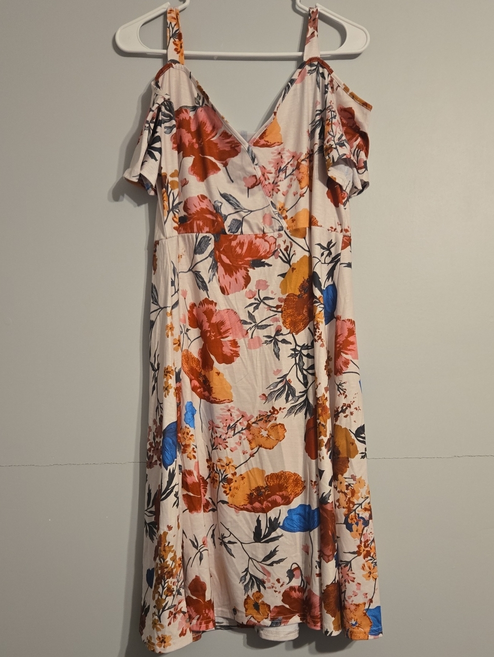 Floral Cold-Shoulder Midi Dress in Cream with Mustard And Red Flowers, XL
